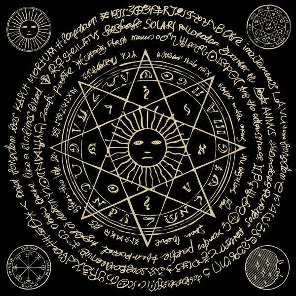 插图的太阳在一个八角星与魔法铭文和符号黑色背景 复古风格的旧手稿矢量横幅 — 图库矢量图片