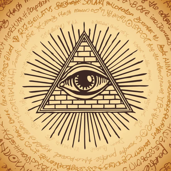 プロビデンスの目とベクター バナー 三角形のピラミッド内部すべてを見て目シンボルは全知です 発光のデルタです 古い読みにくい原稿の背景に古代の神秘的な仙骨イルミナティ シンボル — ストックベクタ