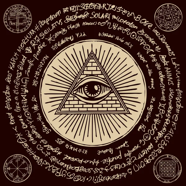 Vector Banner Med Eye Providence Allseende Ögat Inuti Triangeln Pyramid — Stock vektor