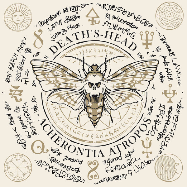 Иллюстрация бабочки Мёртвая голова с черепом в форме рисунка на грудной клетке на старом абстрактном фоне с магическими надписями и символами. Векторный баннер в стиле ретро
