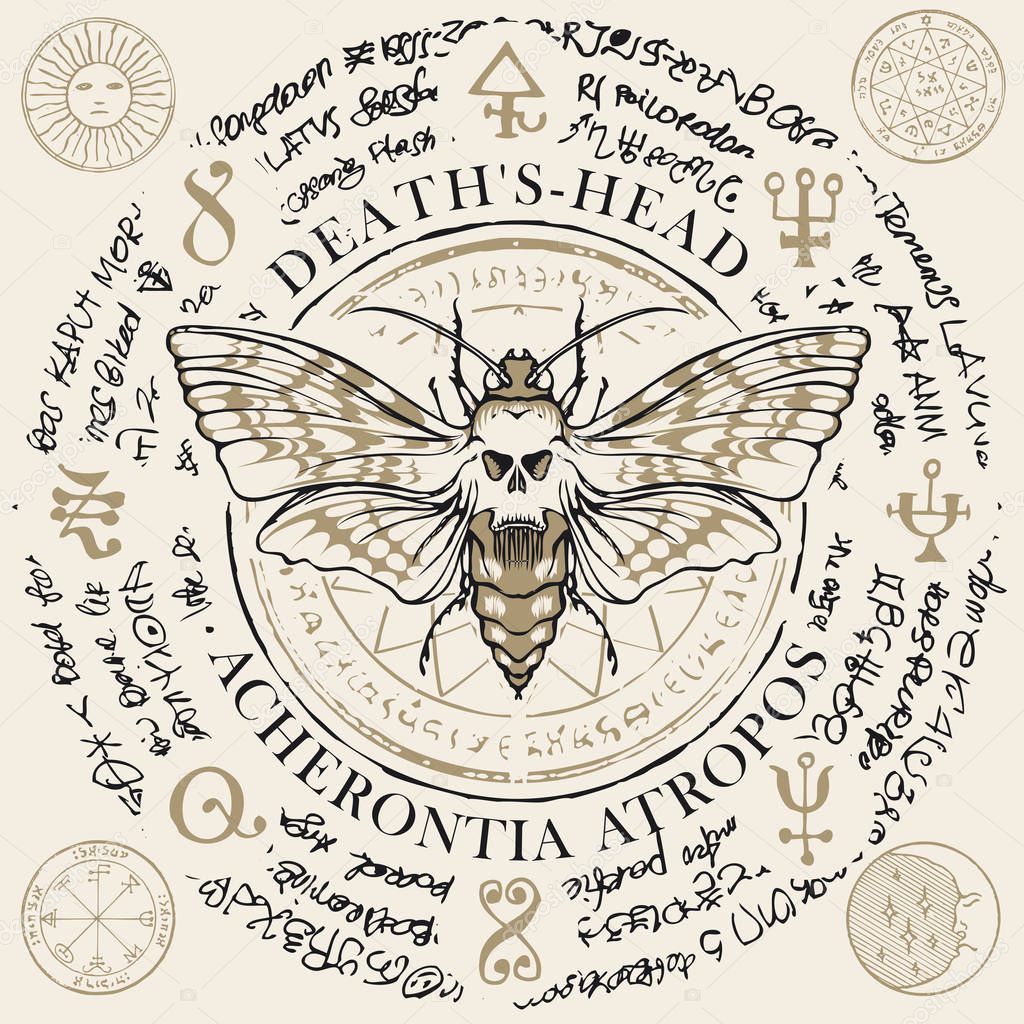 Illustration of a butterfly Dead head with skull-shaped pattern on the thorax on an old abstract background with magical inscriptions and symbols. Vector banner in retro style