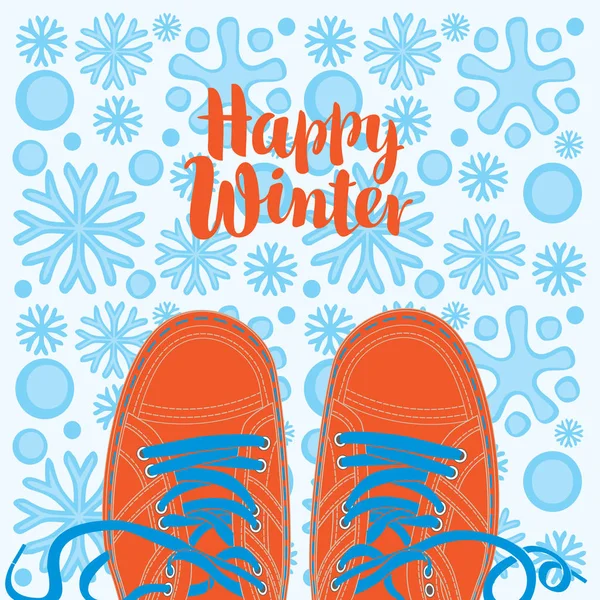 Winter Banner Red Calligraphic Inscription Happy Winter Red Shoes Background — Stock Vector