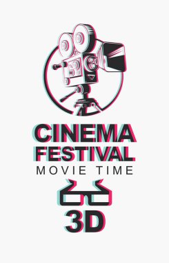 Vektör banner bulanık görüntü eski moda film projektör ve 3d gözlük ile 3d sinema festivali için. Film zamanı. El ilanı, afiş, poster, web sayfası, arka plan için kullanılabilir