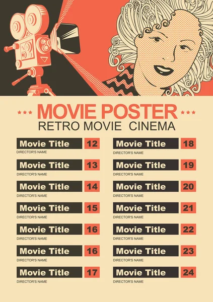 Vector Movie Poster List Films Old Video Projector Girl Face — Stock Vector