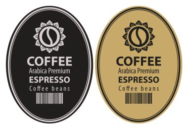 İki vektör için bir etiket kahve çekirdekleri'kahve çekirdeği çiçek, barkod ve kelime Espresso, Arabica sigorta primi ile oval çerçeve retro tarzı içinde ayarla