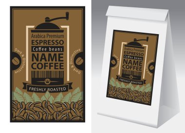 Kağıt ambalaj için etiket ile taze kavrulmuş kahve çekirdekleri retro tarzı. Bu etiket ile kahve kahve değirmeni, barkod, metin ve kağıt 3d paketi için vektör etiket.