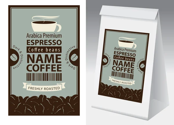 Envase Papel Con Etiqueta Para Granos Café Recién Tostados Estilo — Vector de stock