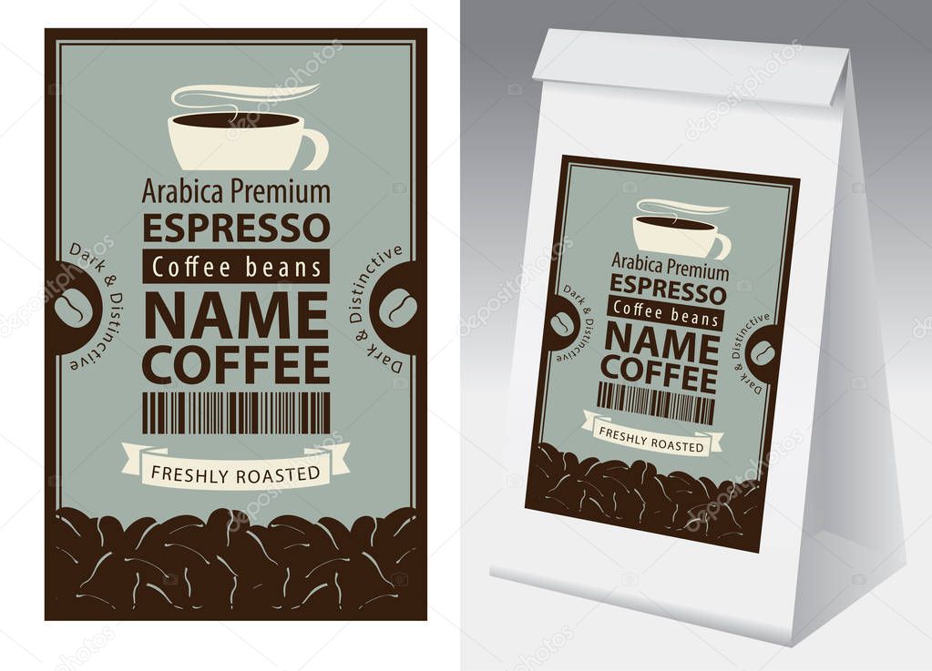 Paper packaging with label for freshly roasted coffee beans in retro style. Vector label for coffee with cup, bar code, coffee beans and paper 3d package with this label.