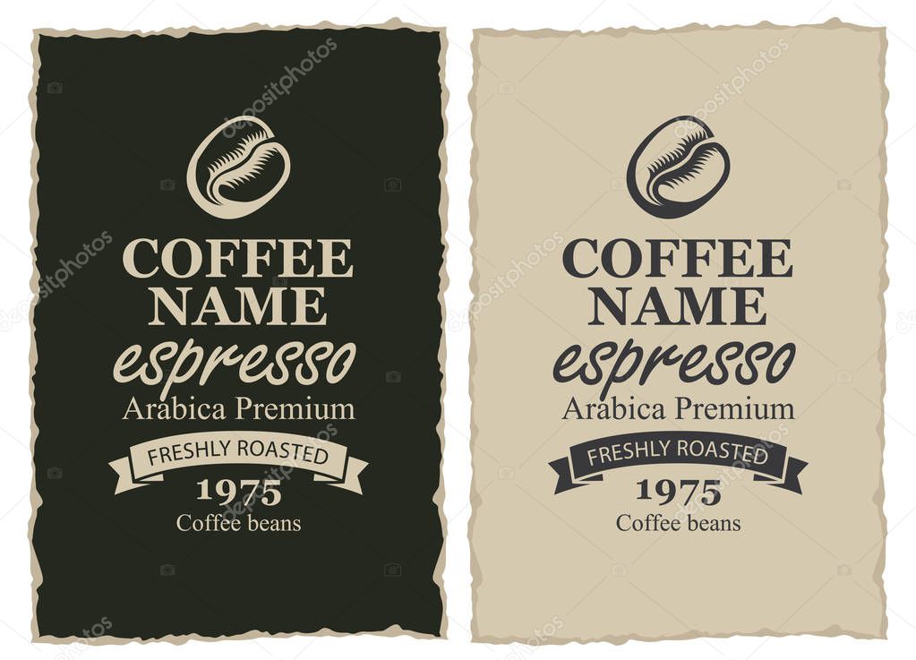 Set of two vector labels for freshly roasted coffee beans with ribbon in frame with ripped edges in retro style with inscription Espresso