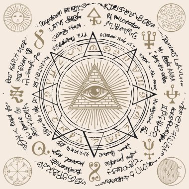 Vektör afiş Providence göz ile. All-gören göz üçgen piramit içinde. Sembol her şeyi bilme. Aydınlık Delta. Antik mistik sakral illuminati simgesi ile bej zemin üzerinde sihirli yazıtlar