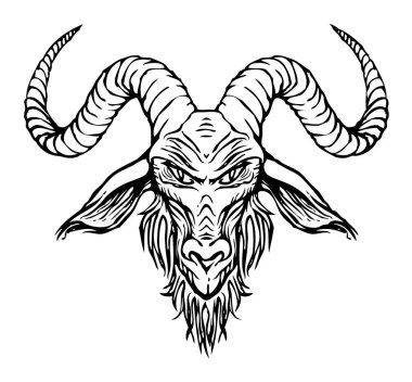 Vector illustration with a contour drawing of the head of a horned goat. The symbol of Satanism Baphomet on white background clipart