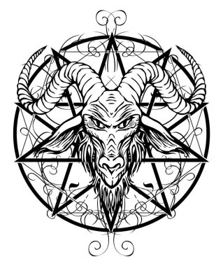 Vector illustration with a contour drawing of the head of a horned goat and pentagram with curlicues inscribed in a circle. The symbol of Satanism Baphomet on white background clipart