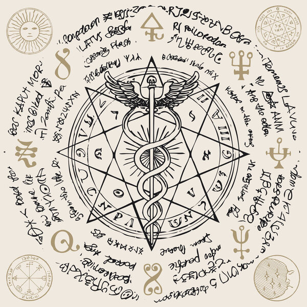 Vector banner with a hand drawn illustration of a Caduceus with an octagonal star. The staff of Hermes with two snakes with wings against the background of an old illegible manuscript. Medical symbol