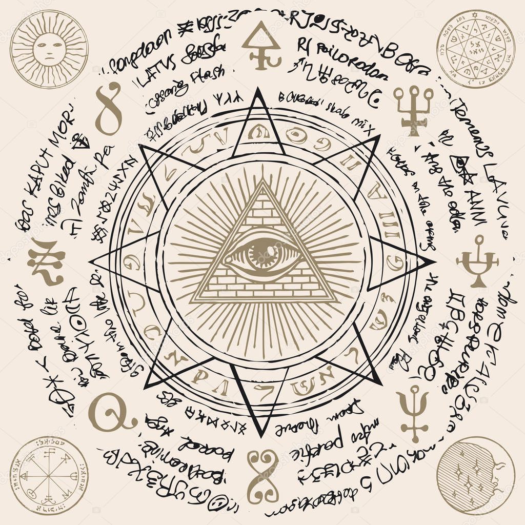 Vector banner with Eye of Providence. All-seeing eye inside triangle pyramid. Symbol Omniscience. Luminous Delta. Ancient mystical sacral illuminati symbol with magical inscriptions on beige backdrop