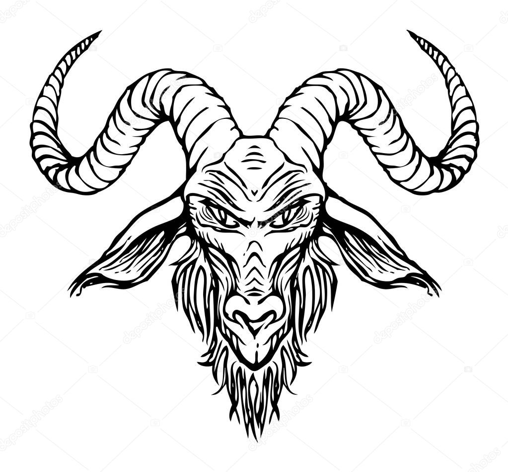 Vector illustration with a contour drawing of the head of a horned goat. The symbol of Satanism Baphomet on white background