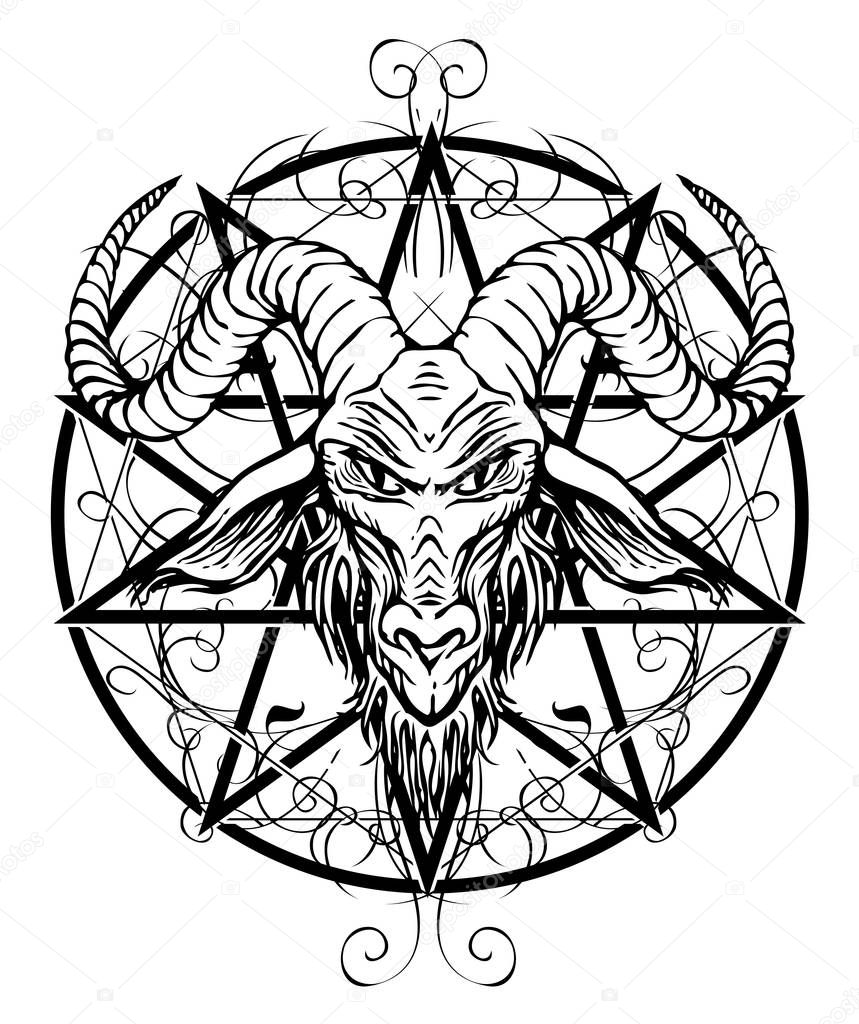 Vector illustration with a contour drawing of the head of a horned goat and pentagram with curlicues inscribed in a circle. The symbol of Satanism Baphomet on white background