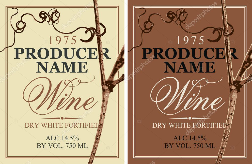 Set of two vector wine labels with grapevine and calligraphic inscription in retro style. Dry white fortified