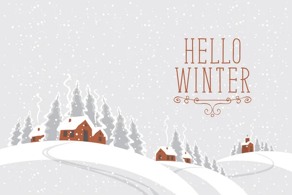 Векторный Белый Зимний Пейзаж Деревней Домами Заснеженных Шипах Снегу Летчица — стоковый вектор