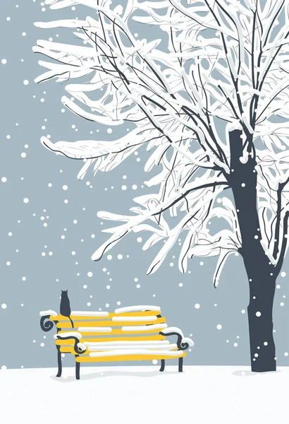 Vector Winter Landscape Lonely Cat Yellow Bench Park Snow Covered — Stock Vector