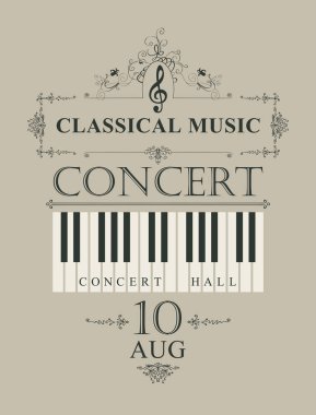 Retro tarzı ışık arka plan üzerinde piyano tuşları ile klasik müzik konseri için vektör poster