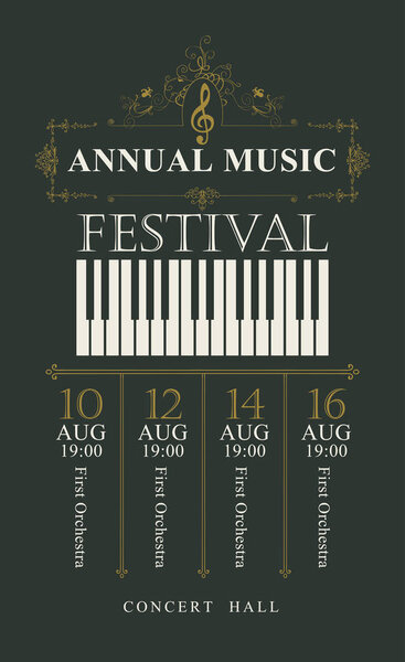Vector poster for the annual festival of classical music in vintage style with piano keys and treble clef on the black background