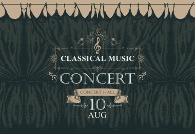 Vintage tarzı çizilmiş siyah sahne perdeleri ve tiz nota anahtarı ile klasik müzik konseri için vektör poster
