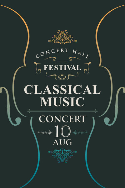 Vector poster for a concert or festival of classical music in vintage style with violins on the black background