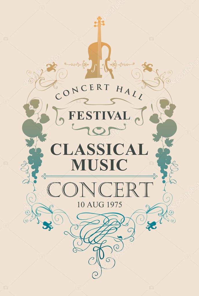 Vector poster for a concert of classical music with place for text, vignette and violin in vintage style on beige background