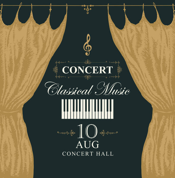Векторный плакат для концерта классической музыки в винтажном стиле с ручными золотыми занавесками, клавишами для фортепиано и скрипичным ключом на черном фоне
