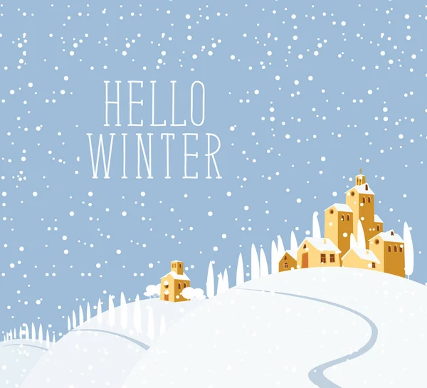 雪に覆われた丘の上の村の教会で雪に覆われた冬の風景 ベクトル イラスト 単語こんにちは冬冬の背景 — ストックベクタ