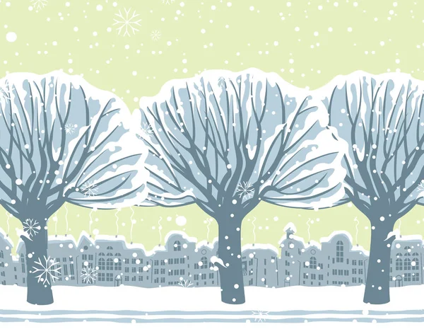 Векторный Зимний Пейзаж Заснеженными Деревьями Парке Фоне Неба Снежинками Старым — стоковый вектор