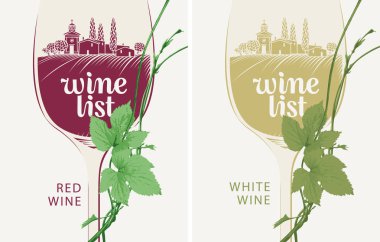 Kırmızı ve beyaz şarap restoran menü şarap listesi için iki kümesini kapsar. Üzüm bağları ve şarap kadehi yazıt ve asma ile köylerde manzara ile vektör çizim
