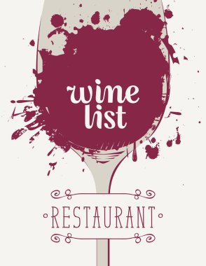 Kaligrafi yazıt ile şarap listesi ve bir kadeh şarap şarap noktalar ve su sıçramalarına ışık arka plan üzerinde bir siluet vektör