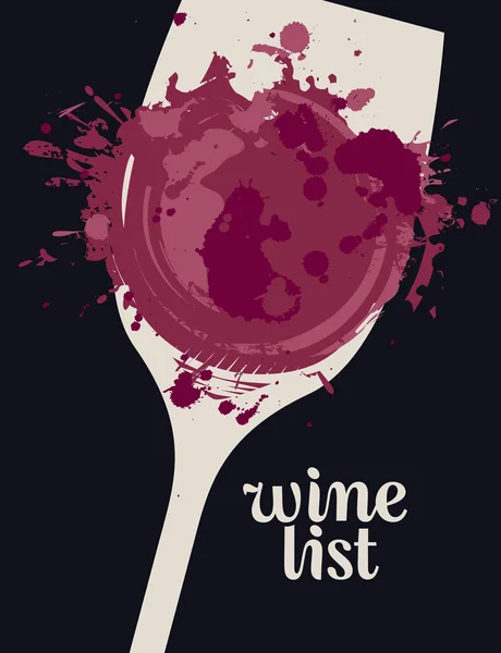 向量葡萄酒列表与一杯葡萄酒的剪影与葡萄酒斑点和飞溅黑色背景 — 图库矢量图片