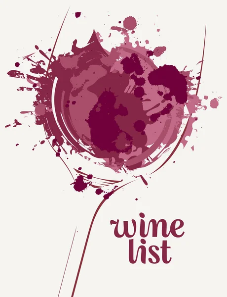 向量葡萄酒列表与一杯葡萄酒的剪影与葡萄酒斑点和飞溅的光背景 — 图库矢量图片