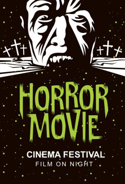 Vektör poster mehtaplı bir gecede mezarlığında ürpertici bir zombi kafası olan bir korku film festivali için. Korku sinema. Korku film gecesi. Reklam, afiş, el ilanı, web tasarım için kullanılabilir