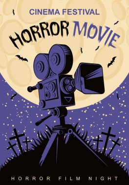Korku filmi bir mezarlık mehtaplı bir gecede üzerinde eski bir film projektör ile bir festival için vektör poster. Korku sinema. Reklam, afiş, el ilanı, web tasarım için kullanılabilir