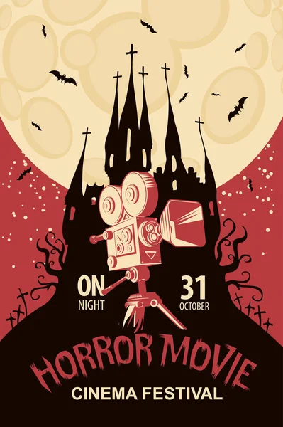 Vector poster for a festival of horror movie with an old film projector and creepy Gothic castle on a cemetery at the moonlit night. Scary cinema. Can be used for ad, banner, flyer, web design