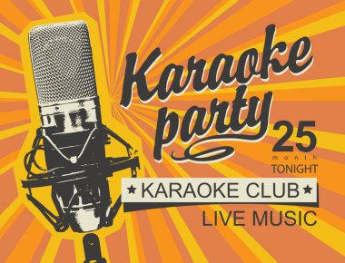 Müzik posteri veya başlığı karaoke club kaligrafi yazıt Karaoke partisi ve parlak ışınları retro tarzı bir zemin üzerine gerçekçi mikrofon için vektör