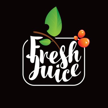 Vektör logo ile kaligrafi yazıt taze meyve suyu ile yeşil yaprakları ve siyah arka plan üzerine düşer