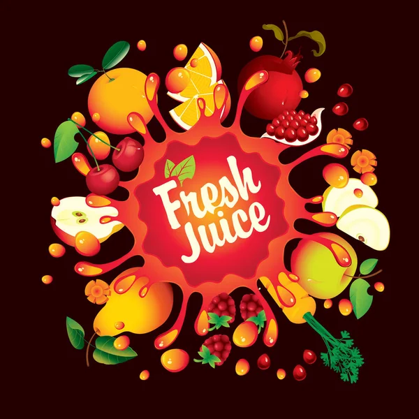Vektor Banner Kalligrafikus Felirat Különböző Gyümölcsök Bogyós Gyümölcsök Zöldségek Juice — Stock Vector
