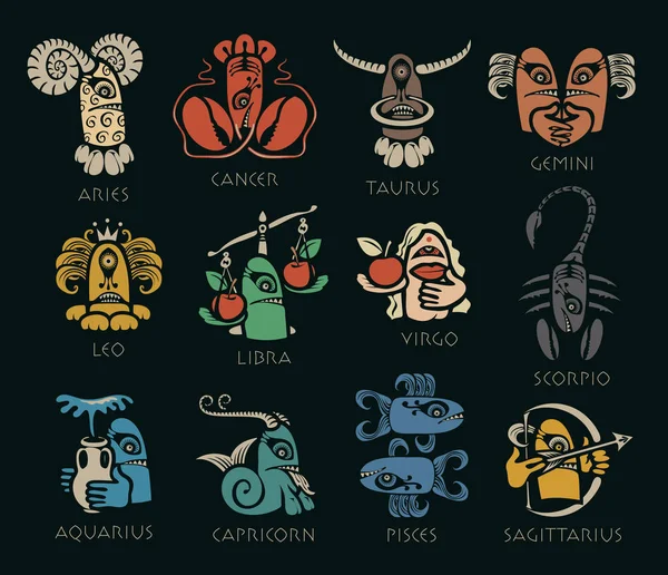 Wektor Zestaw Dwunastu Znaków Zodiaku Formie Jasne Kolorowe Zabawnej Potworów — Wektor stockowy