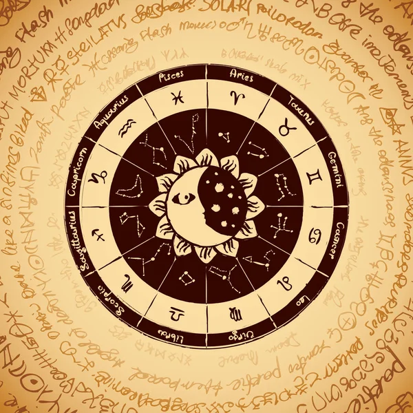 Векторный Круг Зодиака Иконами Именами Знаками Созвездиями Солнцем Луной Фоне — стоковый вектор
