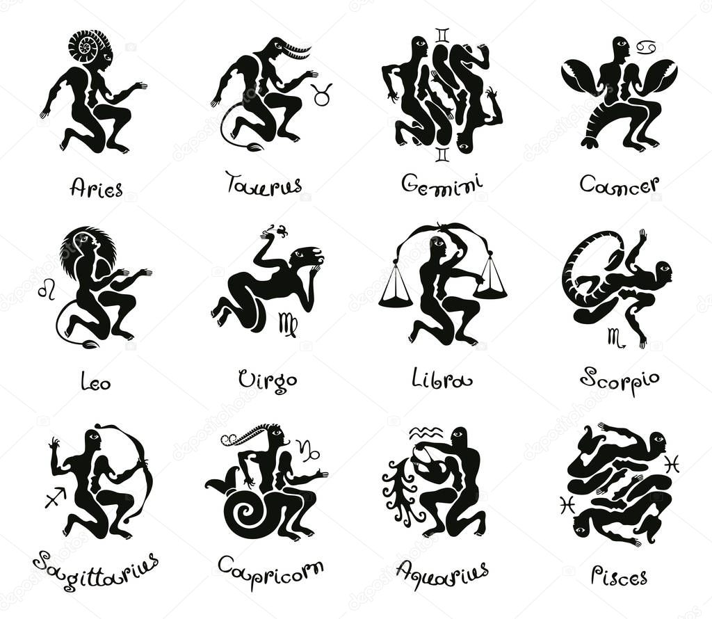 Vector set of twelve Zodiac Signs with human figures in antique style with inscriptions and symbols. Black decorative icons for astrology horoscopes isolated on white background