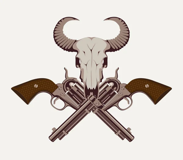 Vector Illustration Two Old Crossed Revolvers Skull Bull Sheep Detailed — Stock Vector