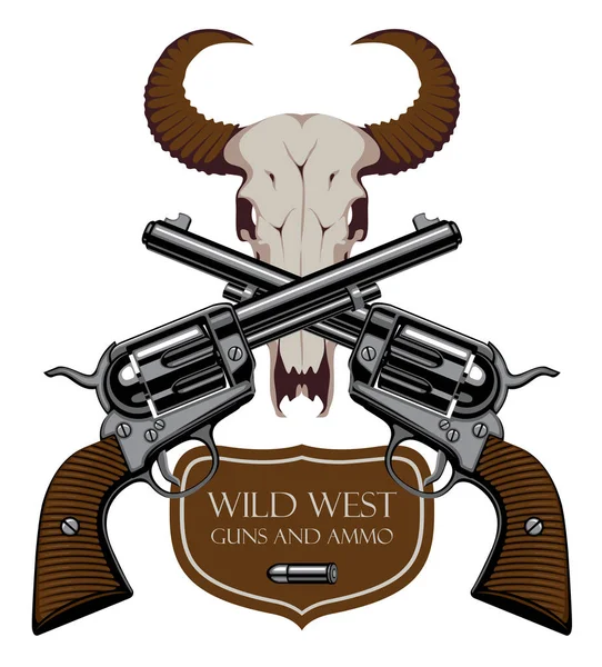 つの古い交差の拳銃 行頭文字と言葉の野生の西 銃や弾薬を持つ雄牛の頭蓋骨のベクトル紋章 小火器や拳銃をテーマにバナーします ラベル サインの設計要素 — ストックベクタ