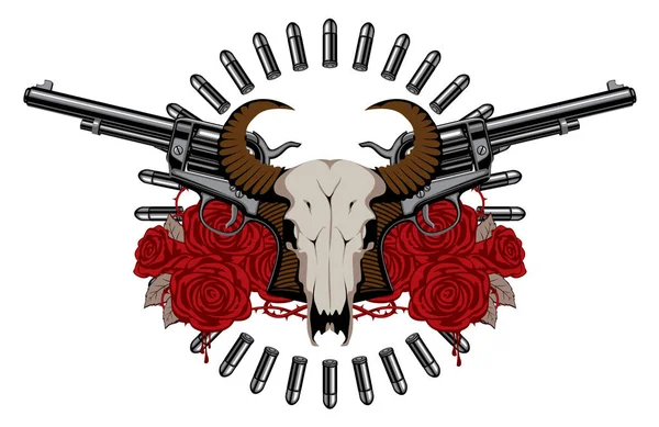 Emblema Vectorial Con Cráneo Toro Dos Revólveres Viejos Balas Rosas — Vector de stock