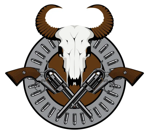 Emblema Vectorial Redondo Con Cráneo Toro Dos Revólveres Cruzados Viejos — Vector de stock