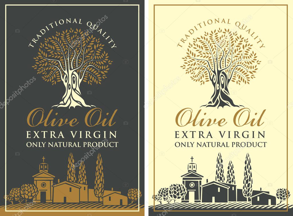 Set of vector banners or labels for extra virgin olive oil with olive tree, calligraphic inscription and with Italian countryside landscape in retro style.