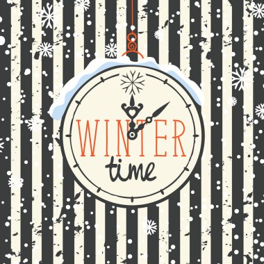Vektör afiş kelime kış saati retro tarzı ile. El ilanları, afişler veya poster için kullanılabilir. Saat ve çizgili siyah ve beyaz arka plan üzerinde kar taneleri ile illüstrasyon